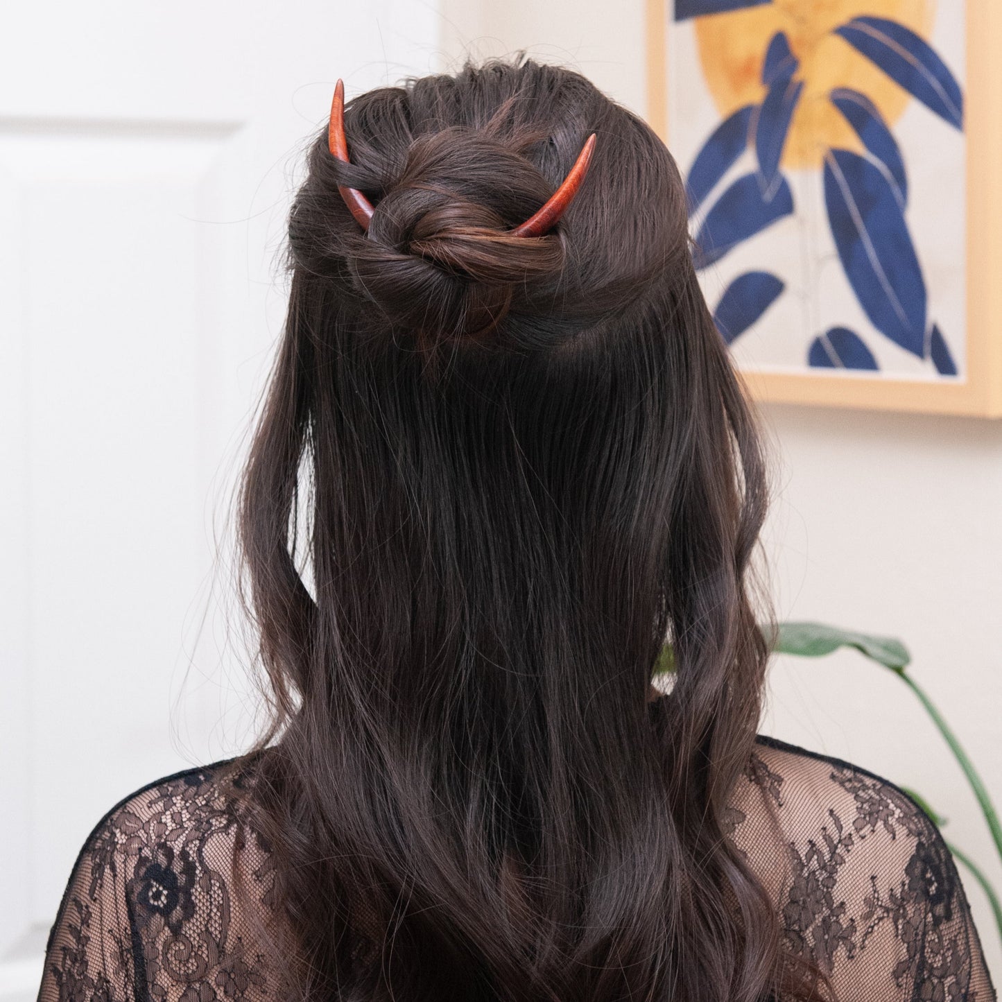 Crescent Moon Wooden Hair Stick in Red from Something Minty