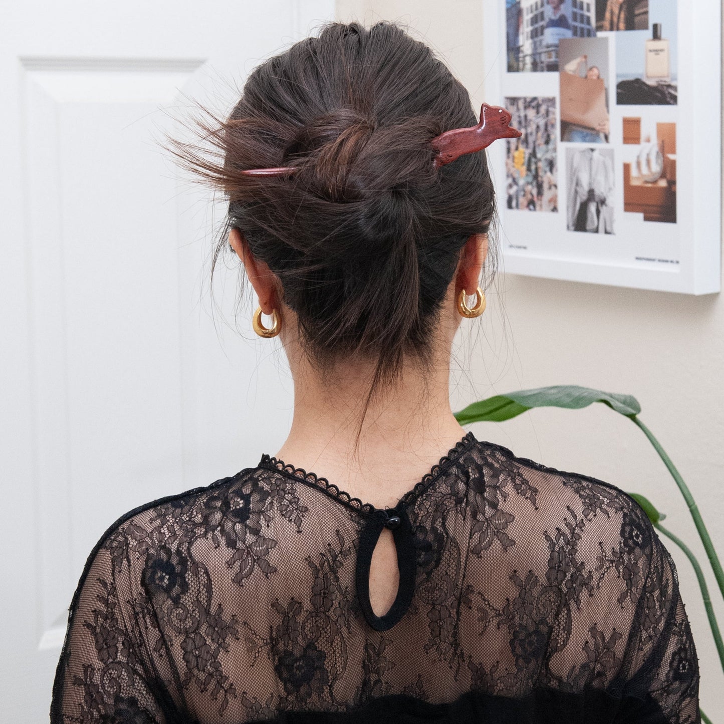 Wooden Carved Cat Hair Stick in Red from Something Minty