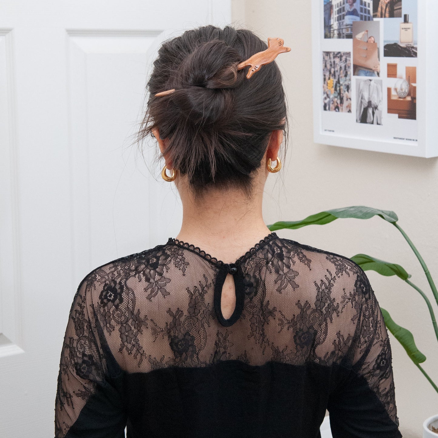 Carved Wooden Cat Hair Stick in Peachwood