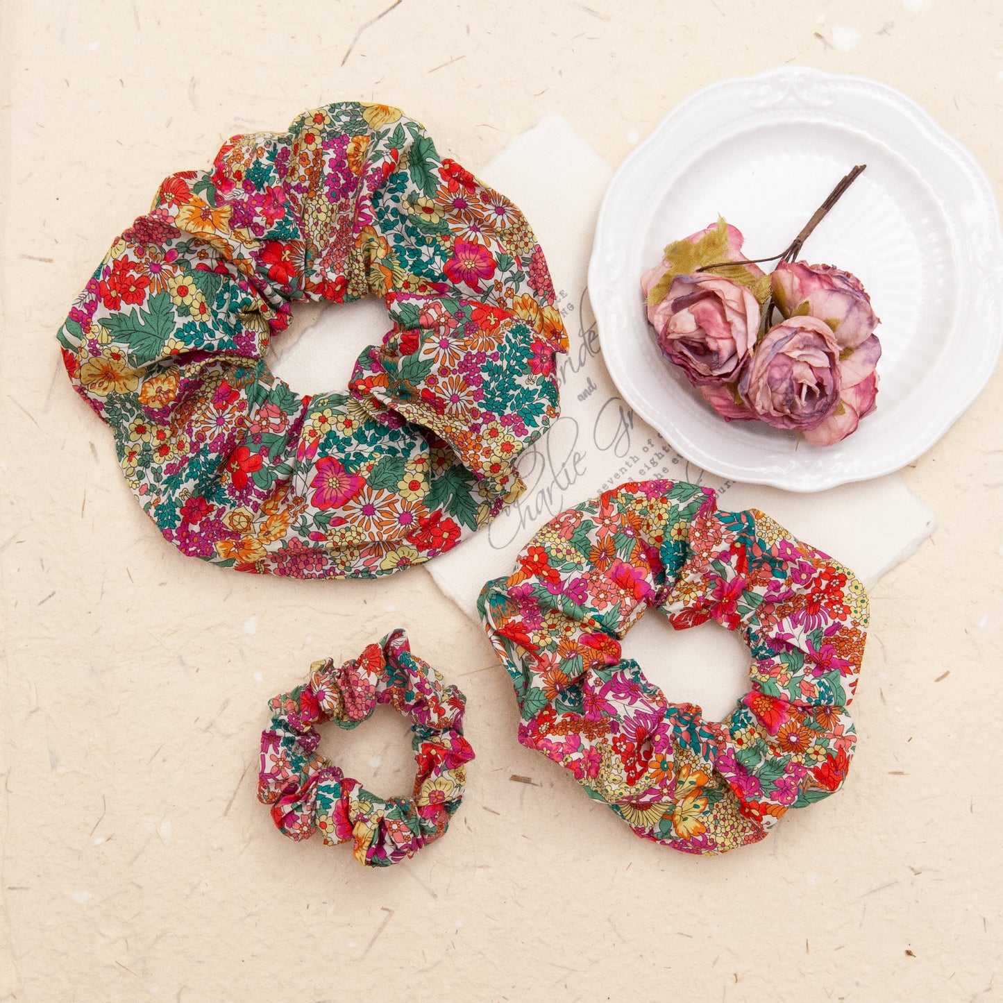 Liberty Fabric Scrunchie in Margaret Annie in 3 different sizes
