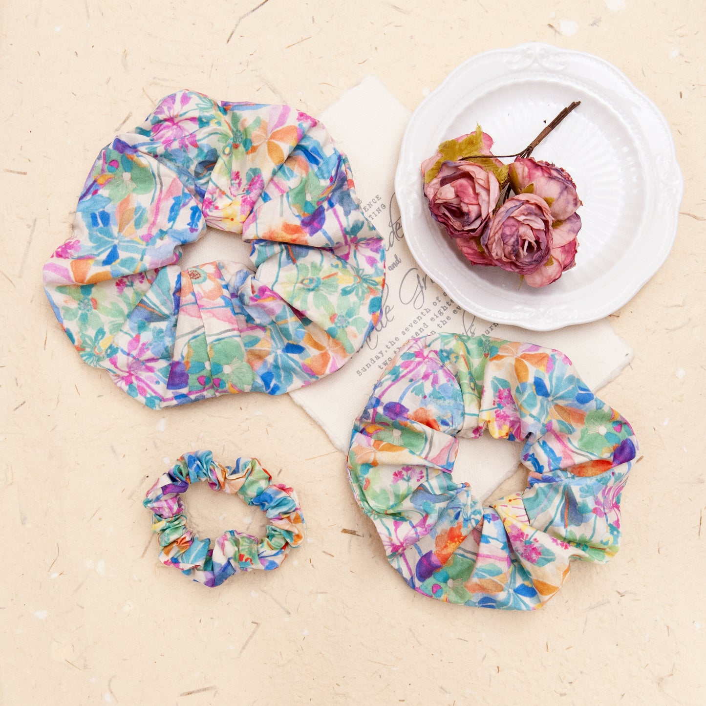 Liberty Fabric Scrunchie in Dream of Summer in 3 different sizes