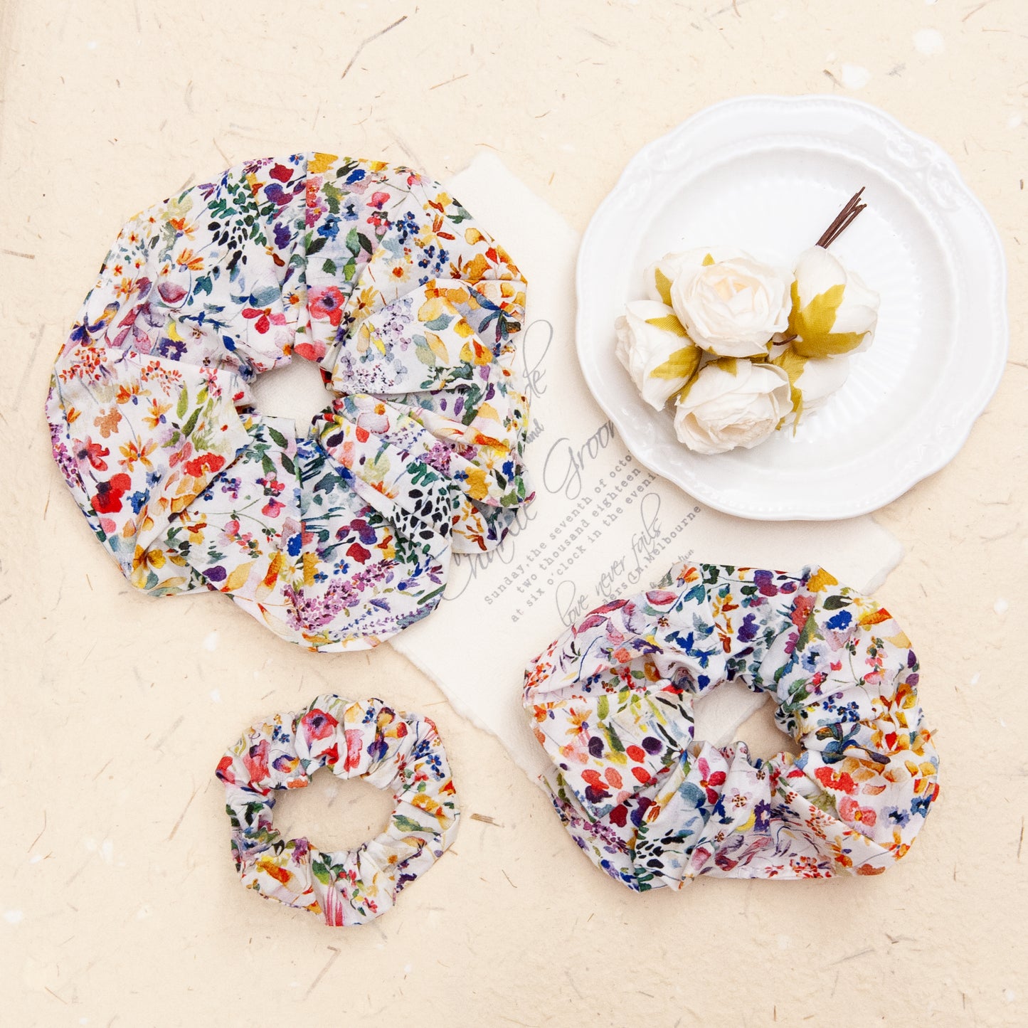 Liberty Fabric Scrunchie in Felda in 3 different sizes