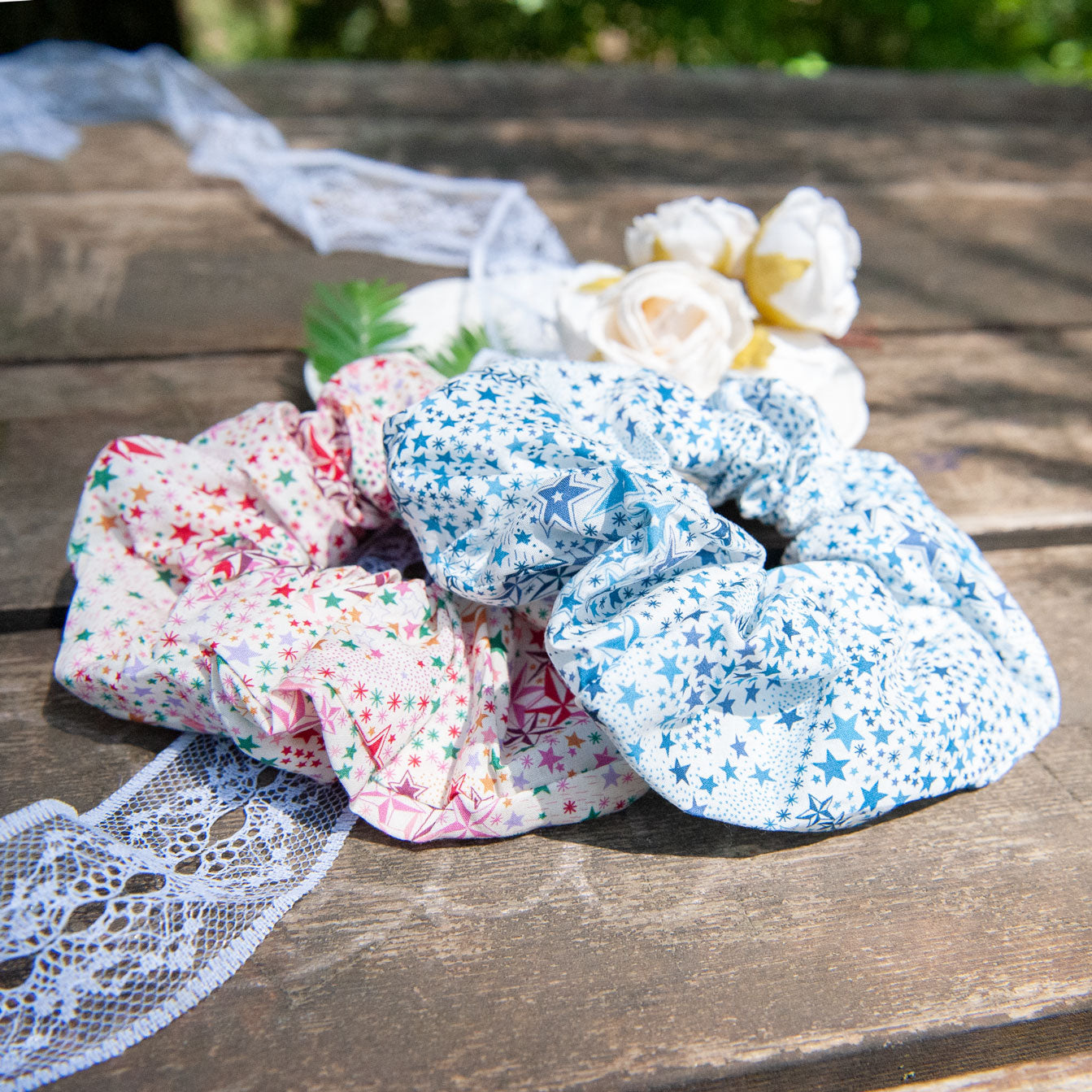 Liberty Fabric Scrunchie in Adelajda Blue and pink