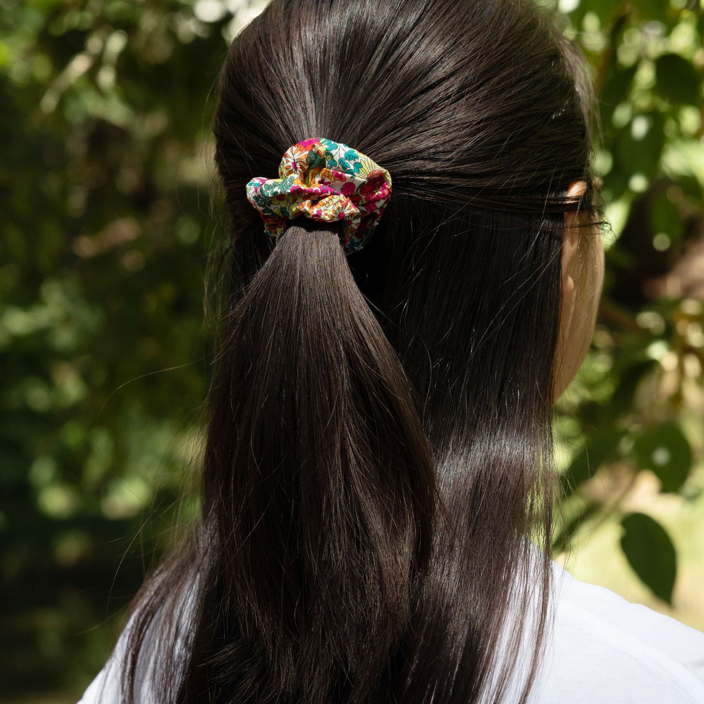 a woman wearing Liberty Fabric Scrunchie in Margaret Annie in skinny size