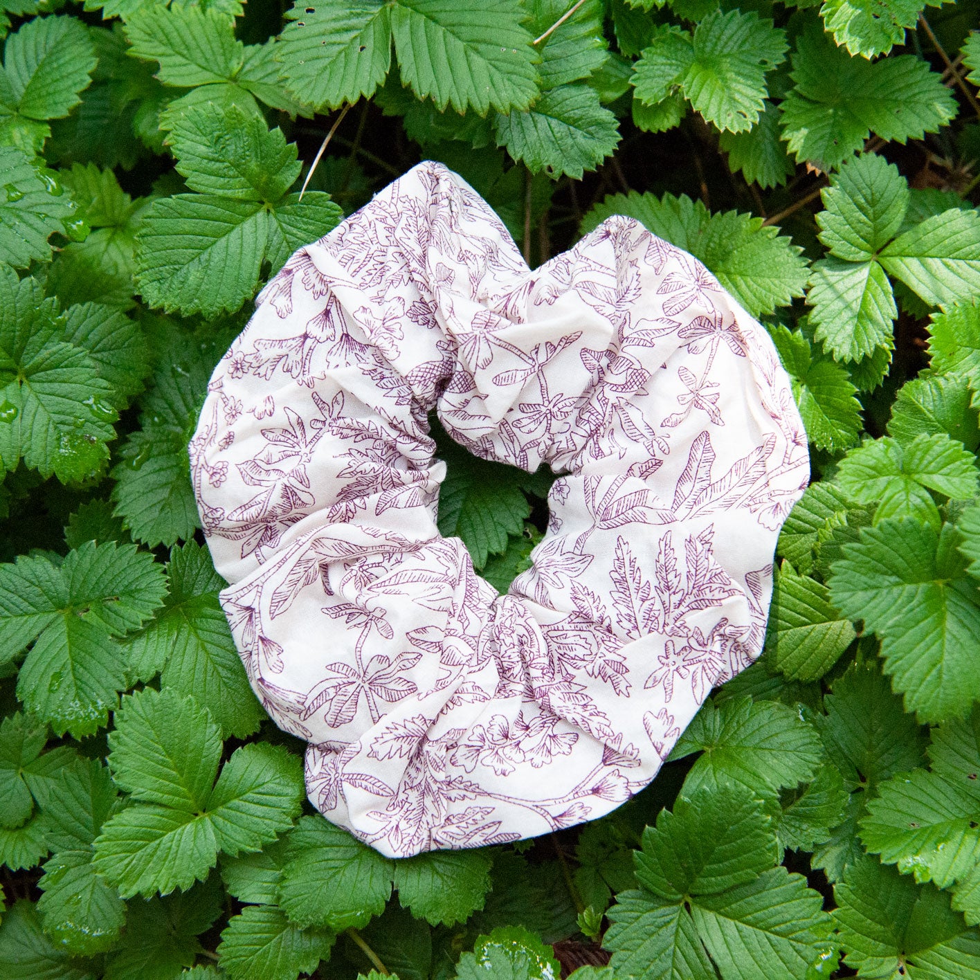 Liberty Scrunchie in Donna Leigh on leaf background