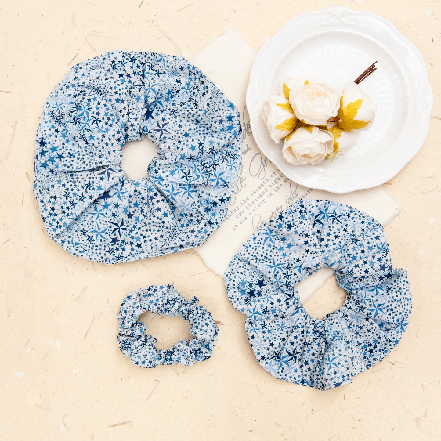 Liberty Fabric Scrunchie in Adelajda Blue in 3 different sizes