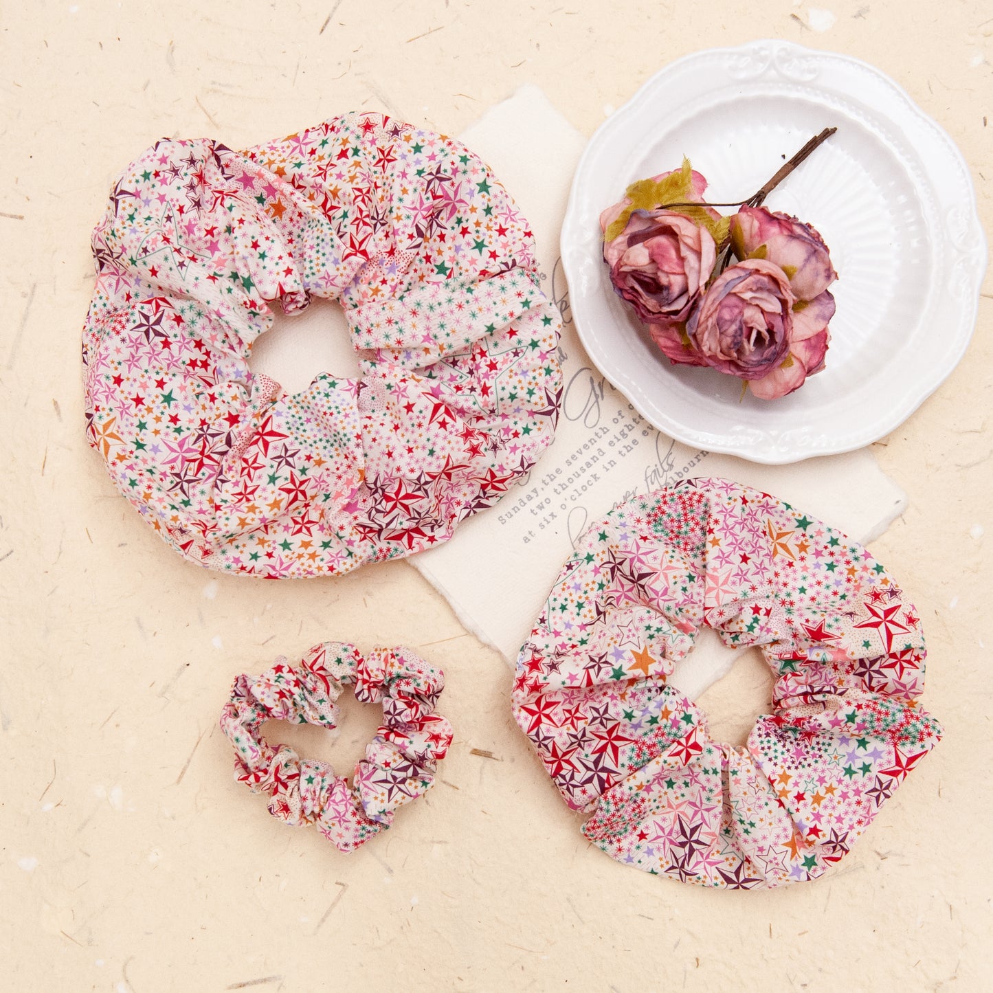 Liberty Fabric Scrunchie in Adelajda Pink in 3 different sizes