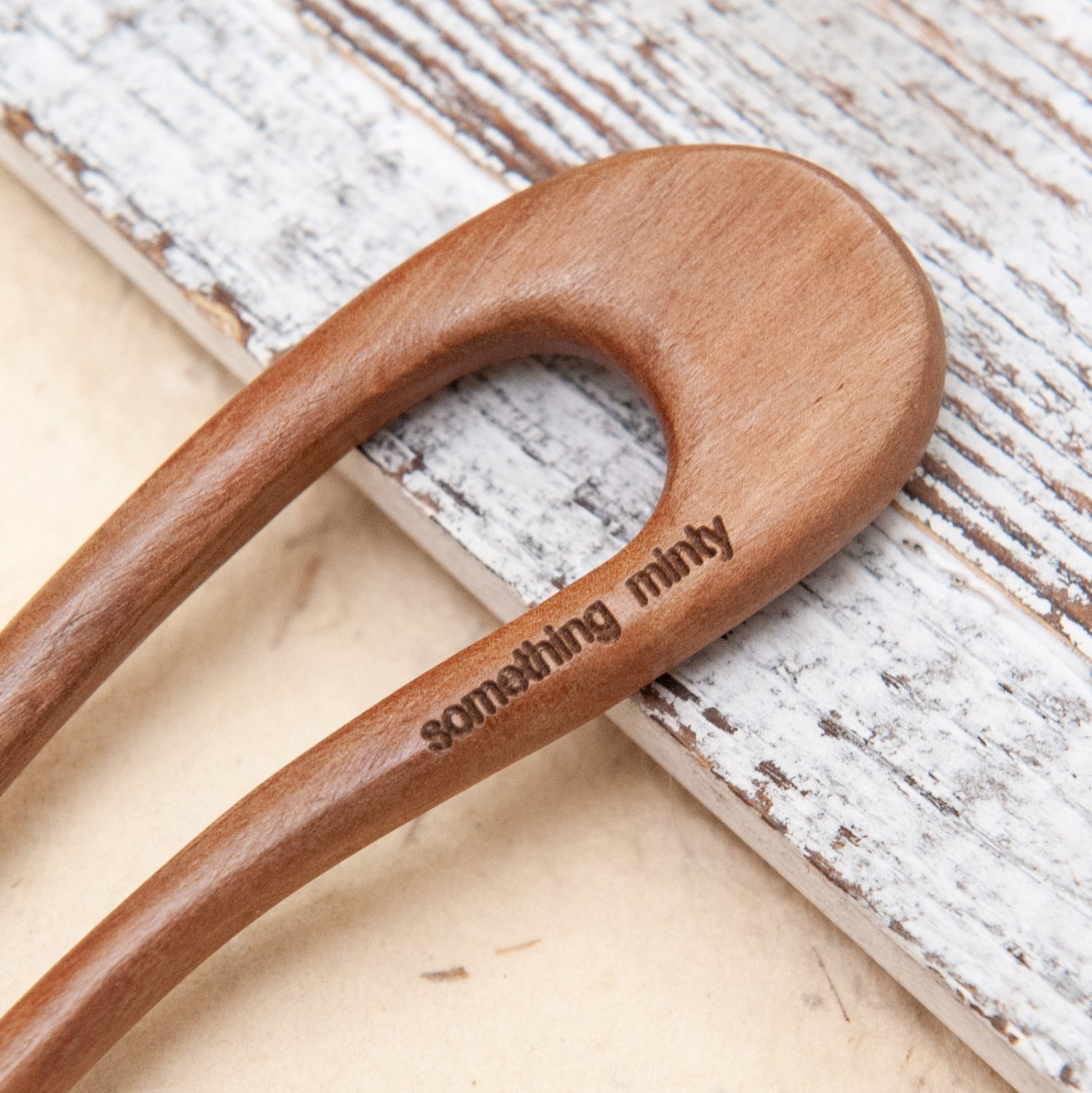 Wooden hair pins from Something Minty with custom engraved name
