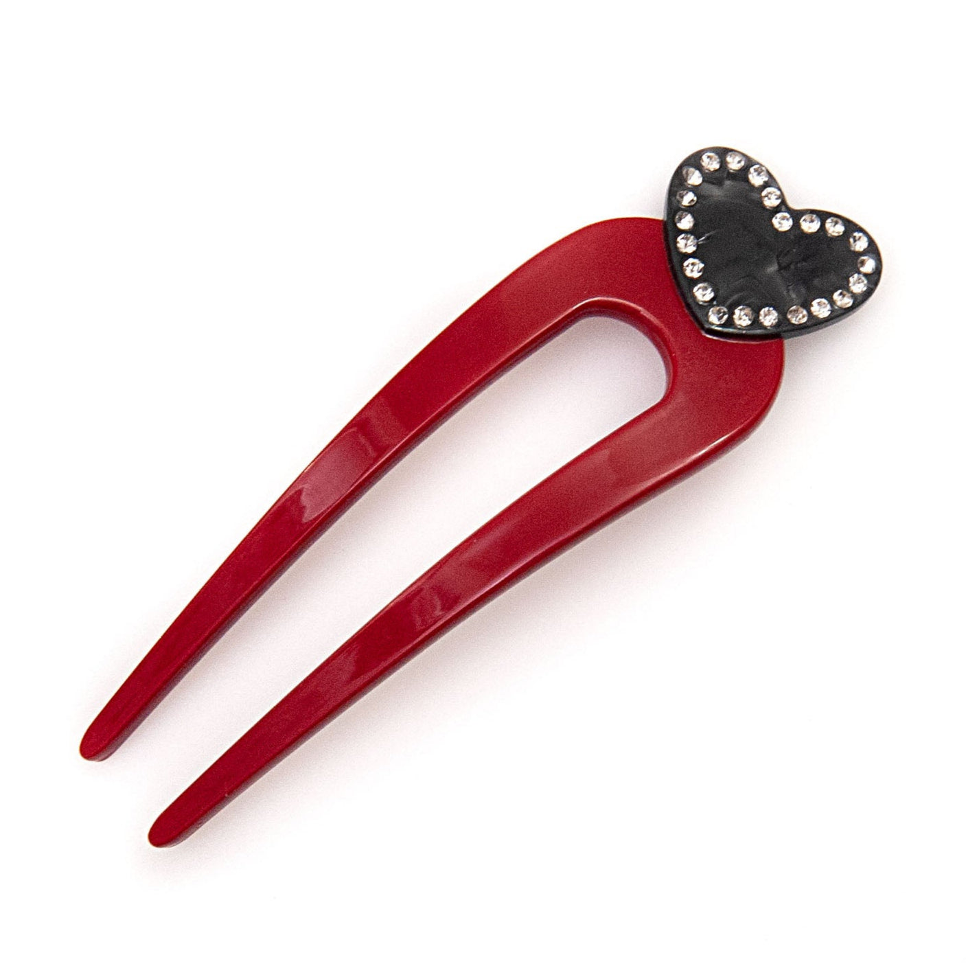 red acetate hair pin with a black heart on top