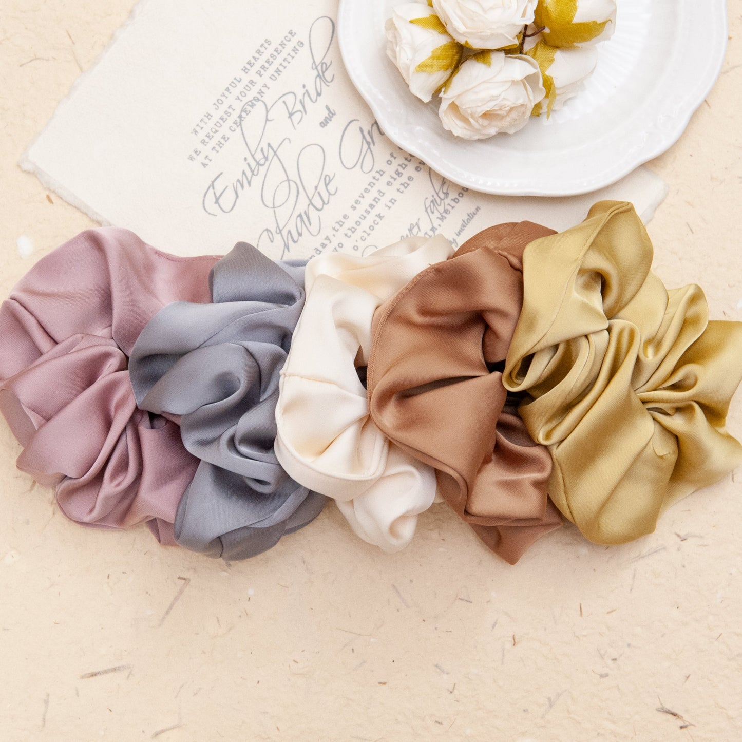 large satin scrunchie in Beige White from Something Minty