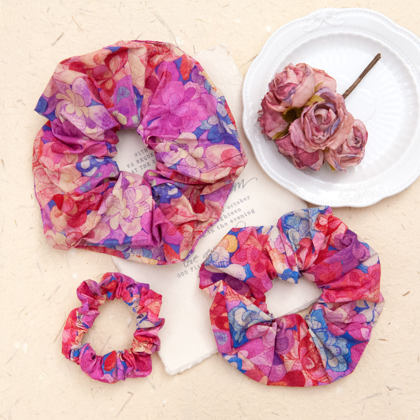 liberty fabric scrunchie in besty pink in 3 different sizes