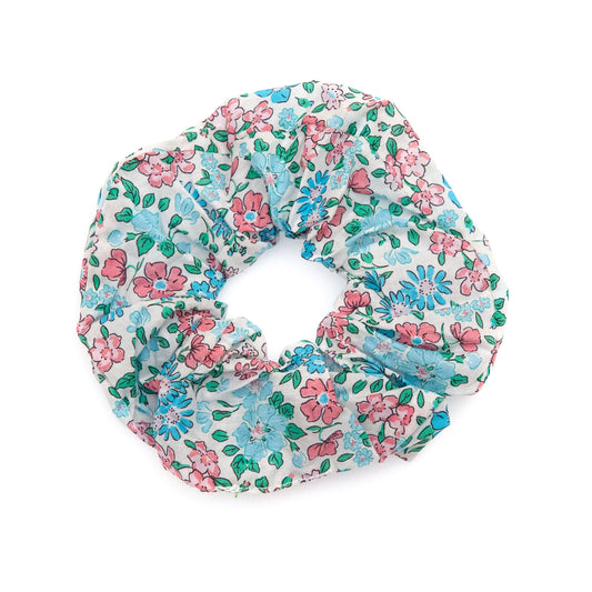 Liberty fabric scrunchie in Betsy on a white background