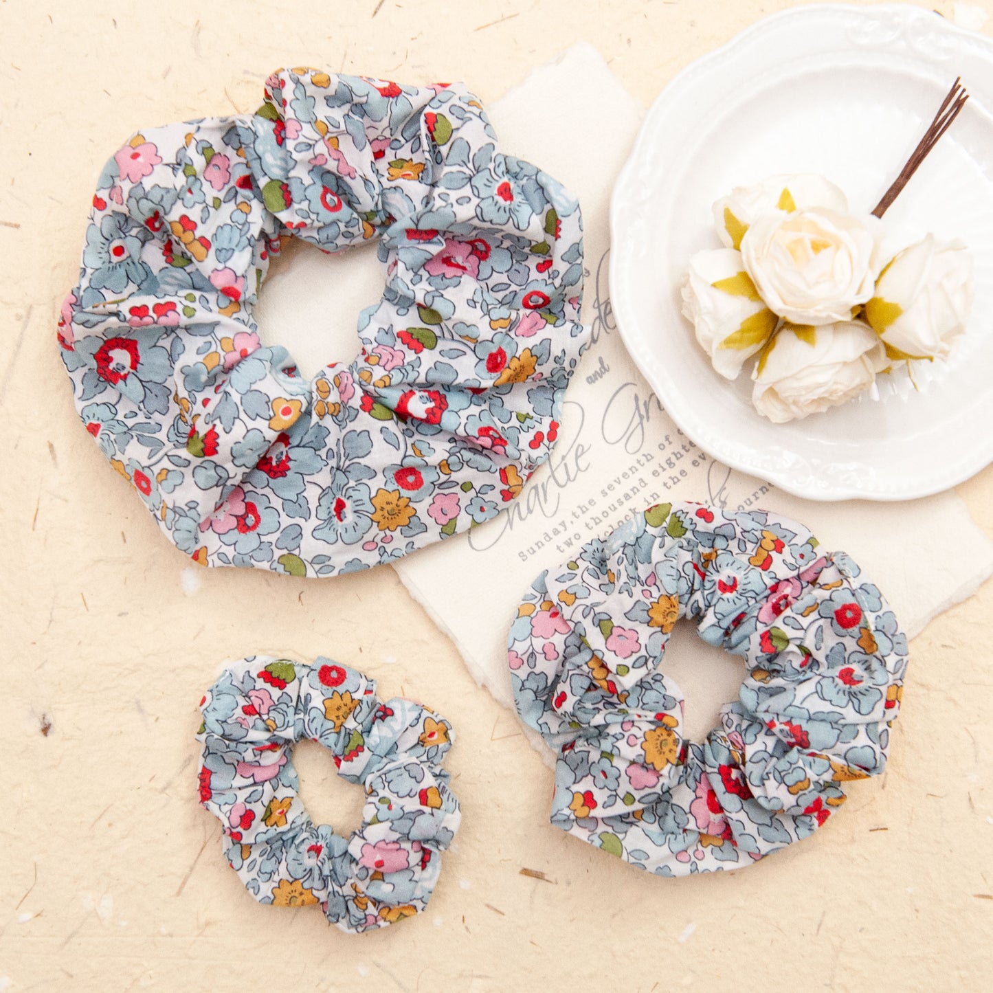 Liberty Fabric Scrunchie in Betsy in 3 different sizes