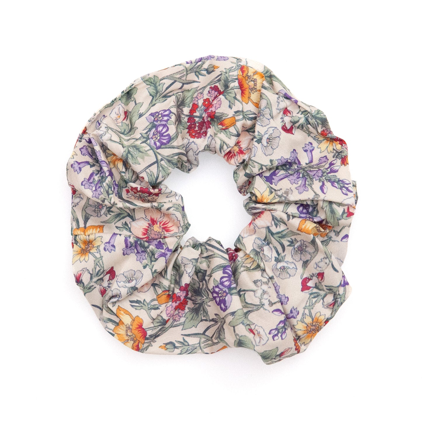 liberty fabric scrunchie in floral print on a white background
