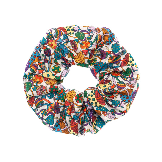 Liberty Fabric Scrunchie in Magic mushroom on a white background