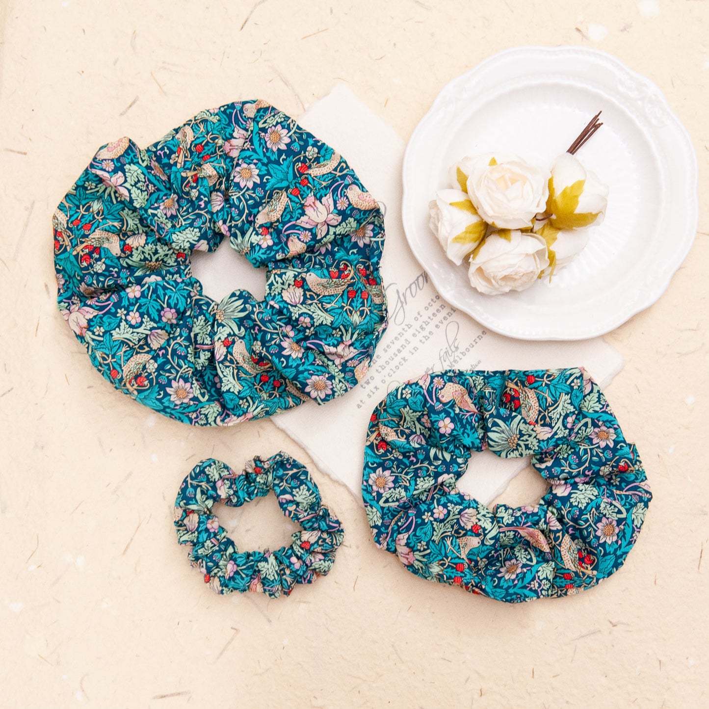 Liberty Fabric Scrunchie in Strawberry Thief in 3 different sizes