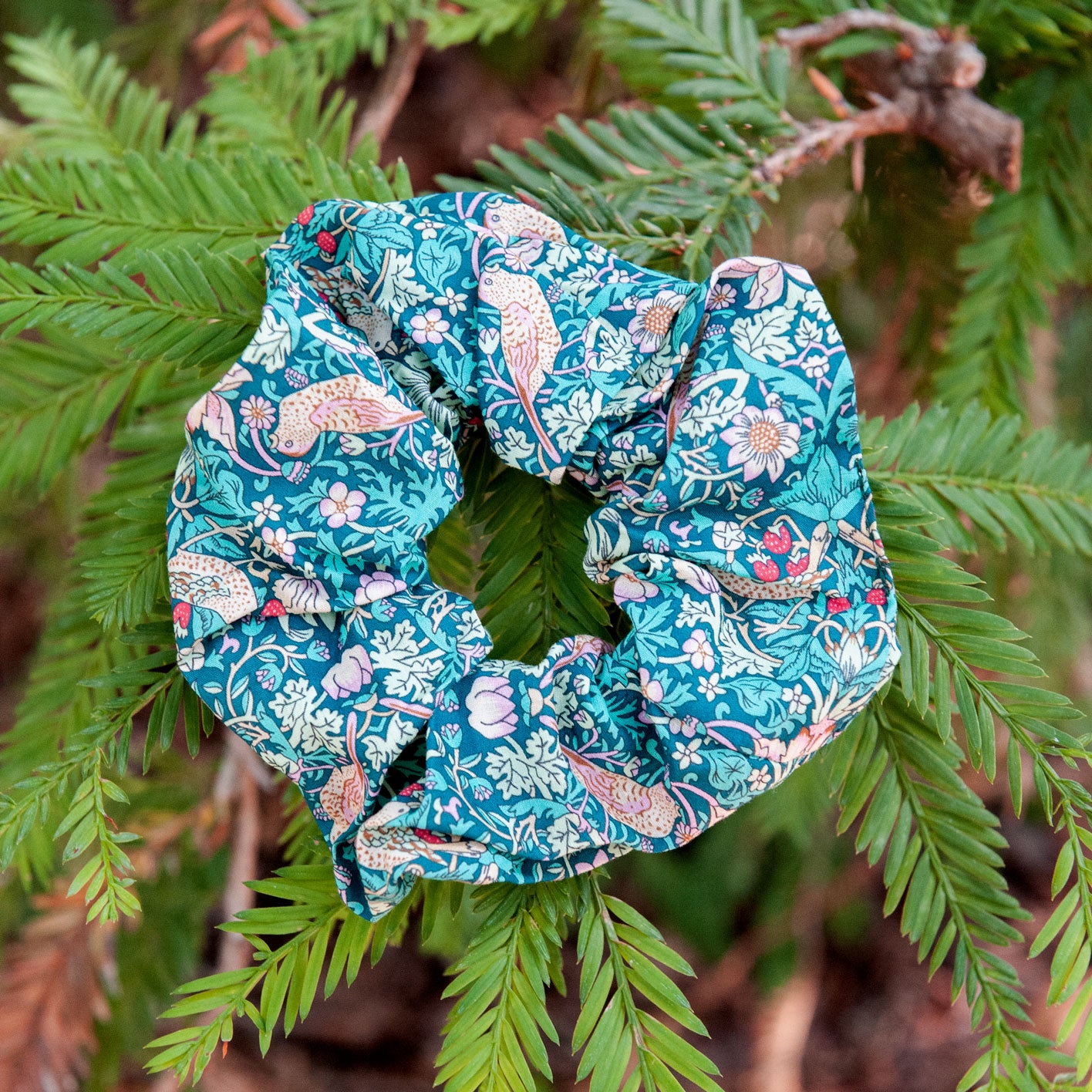 Liberty Fabric Scrunchie in Strawberry Thief in forest