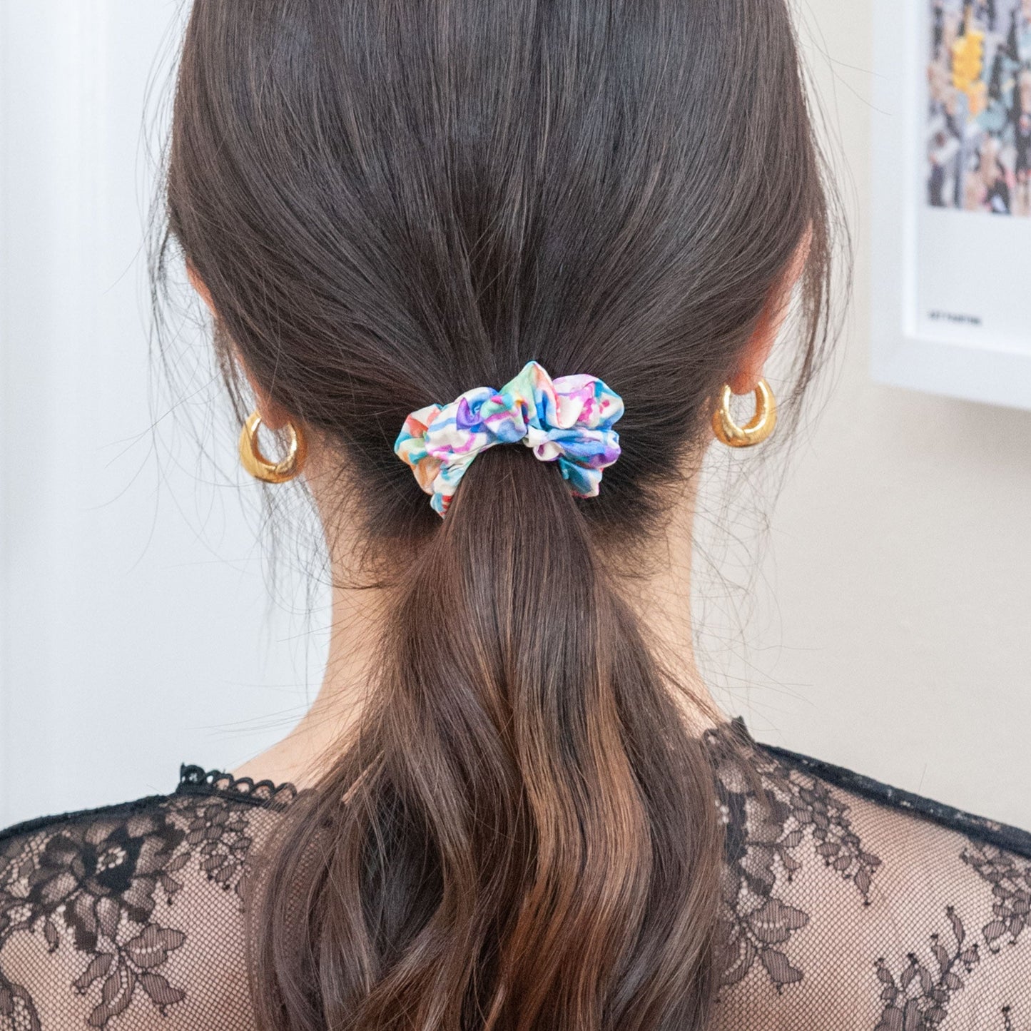 a woman wearing Liberty Fabric Scrunchie in Dream of Summer for ponytail