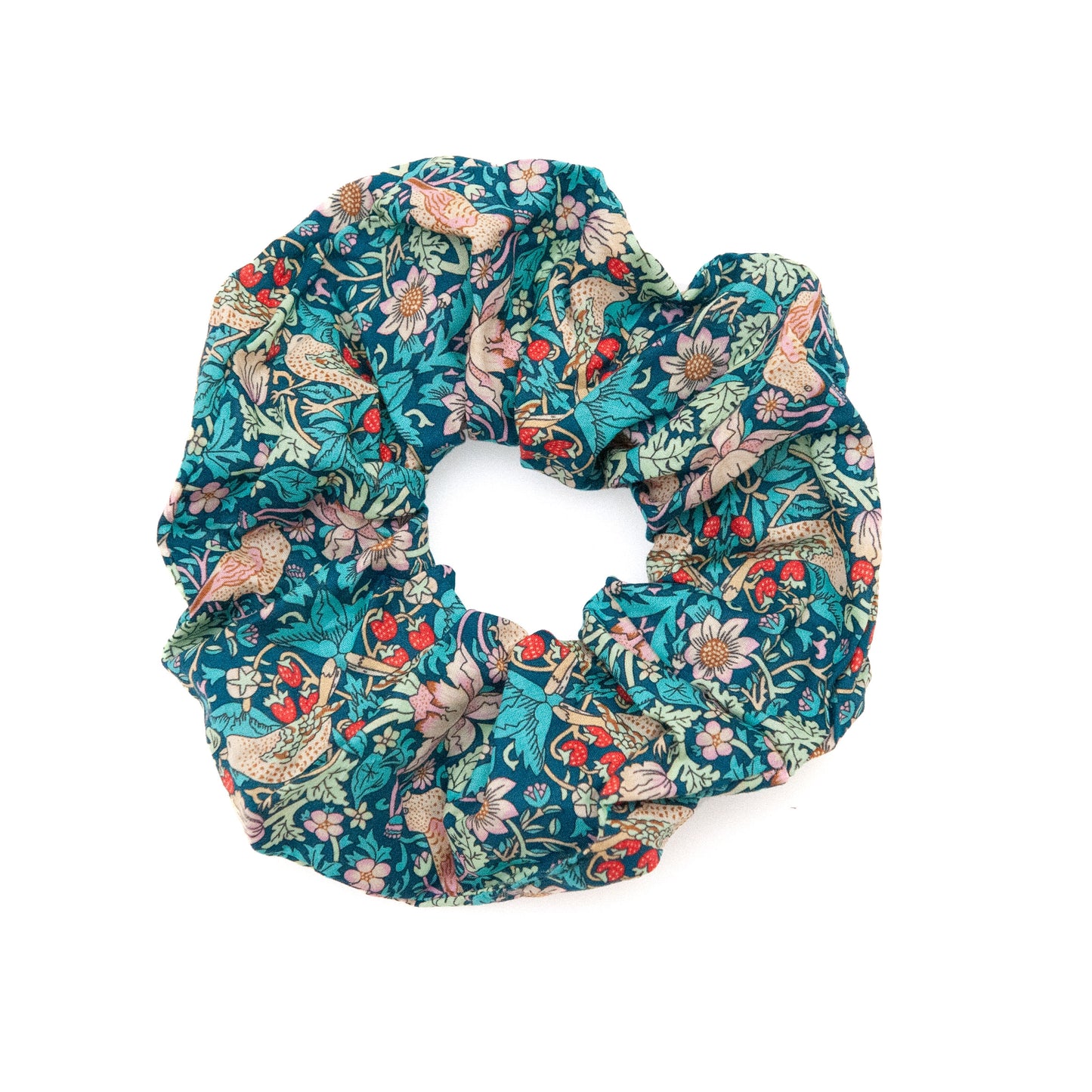 Liberty Fabric Scrunchie in Strawberry Thief on white background