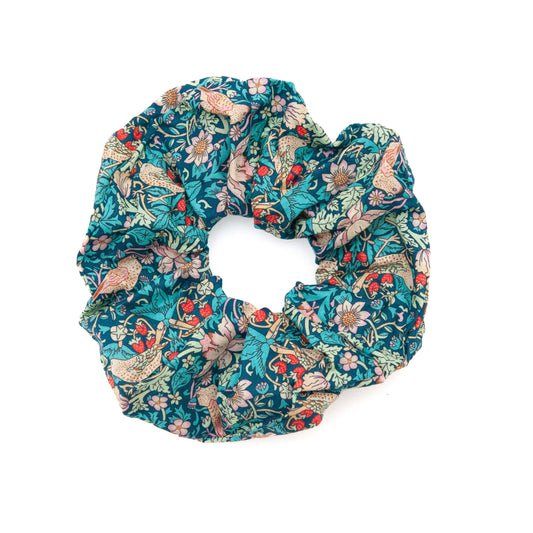 Liberty Fabric Scrunchie in Strawberry Thief on white background