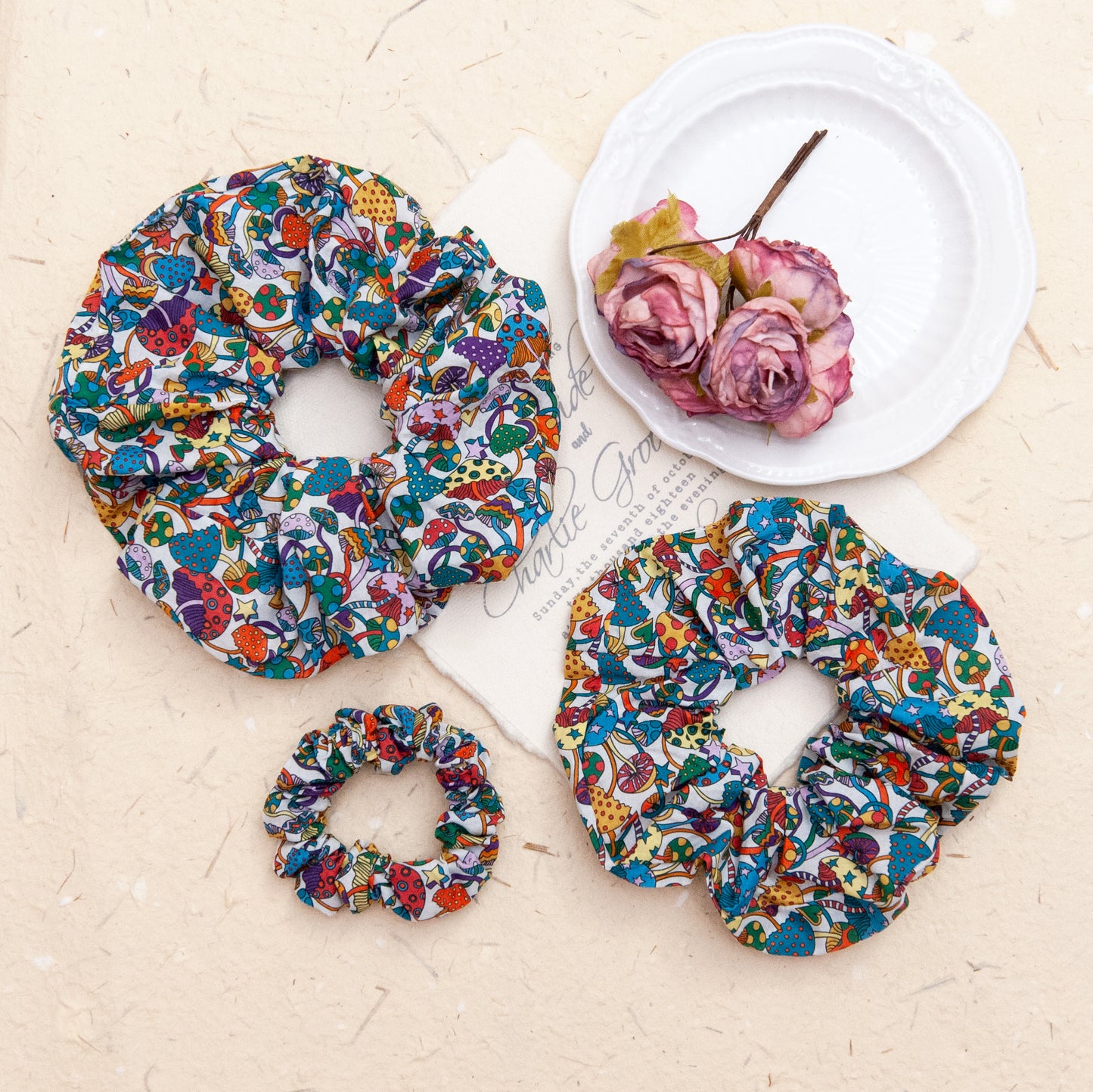 liberty fabric scrunchie mushroom print in 3 different sizes