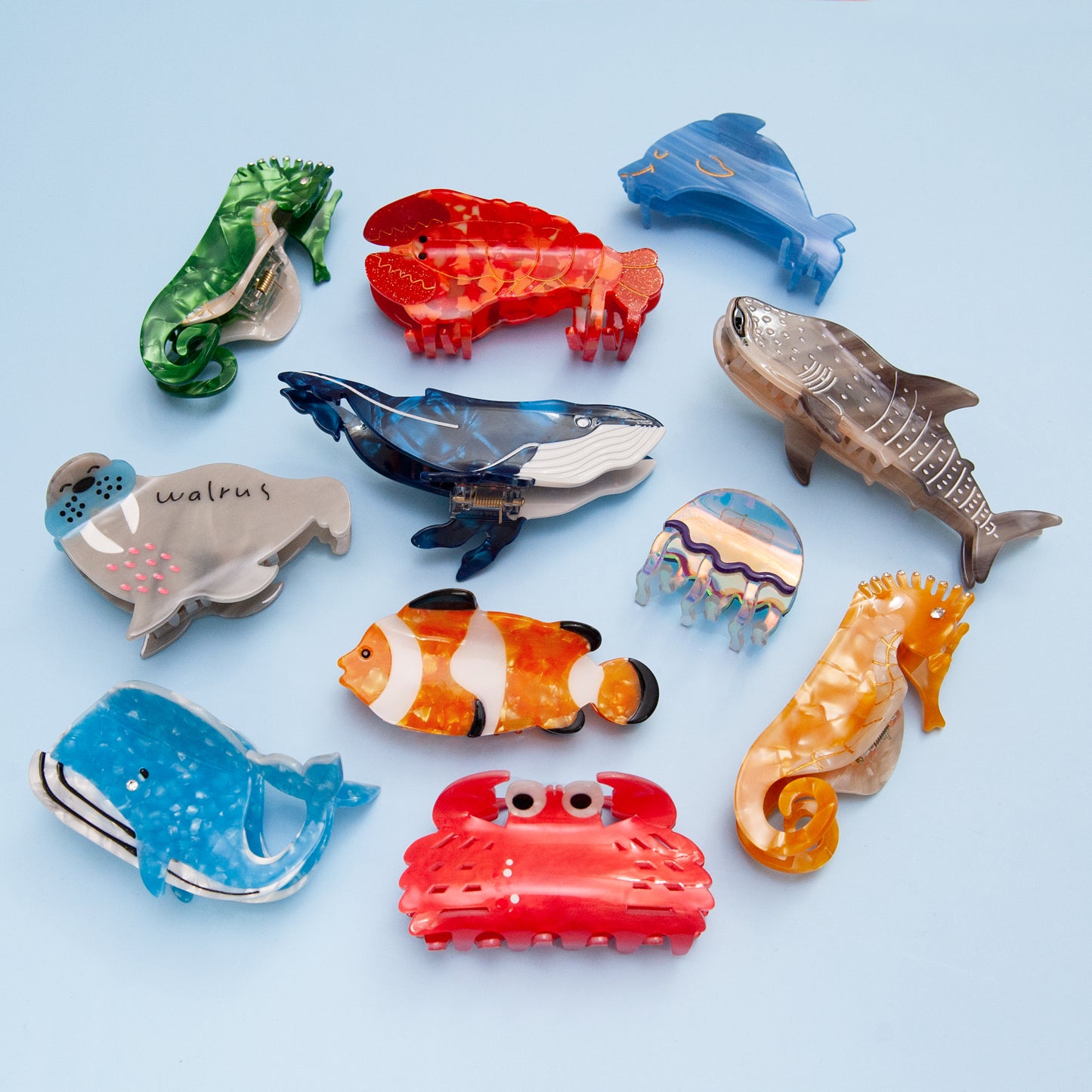 a collection of sea creature hair claws