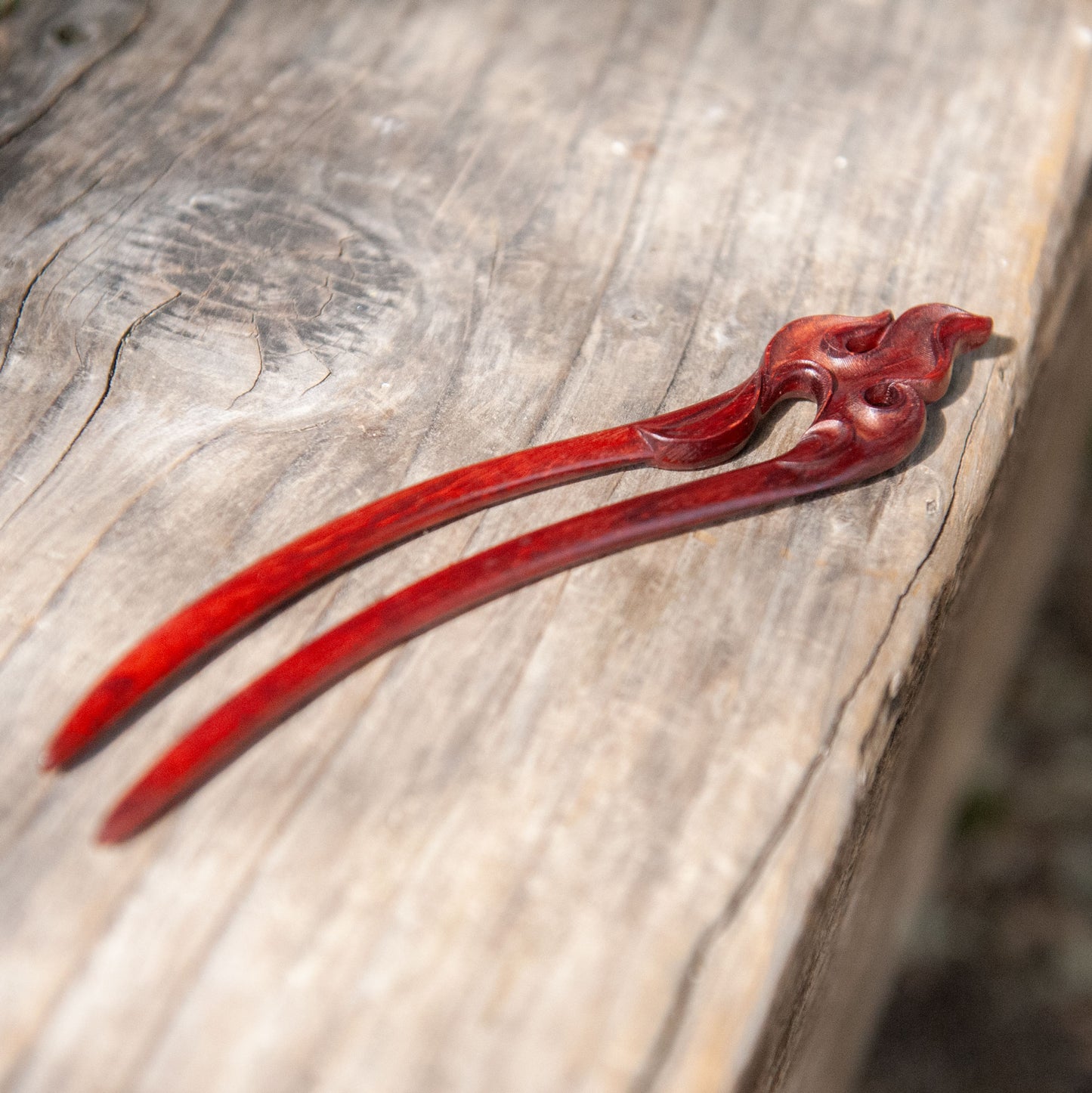 Wooden Hair Pin with Red Fire Design