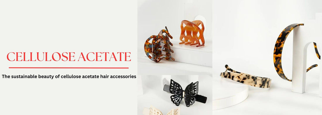 Assortment of cellulose acetate hair accessories, including vibrant hair clips and claws, showcasing their sustainable and stylish design.