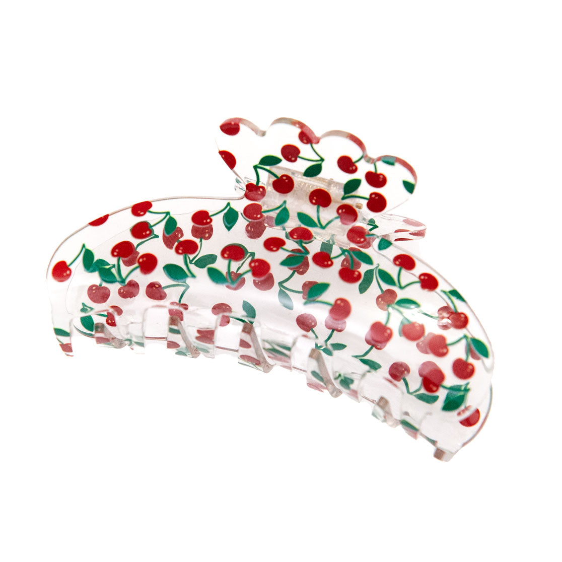 Clear hair clip with cherry pattern on a white background