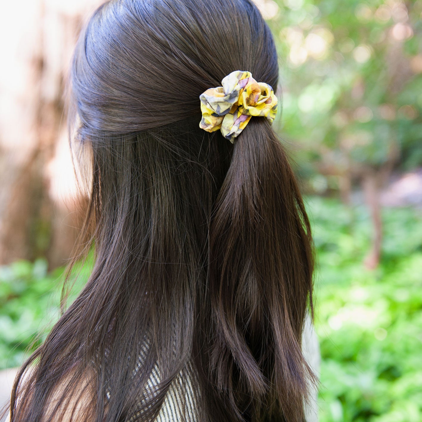 a woman wearing a Liberty Fabric Scrunchie in Dream of Summer in skinny size