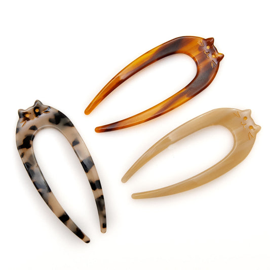 acetate two prong hair pin with cat design