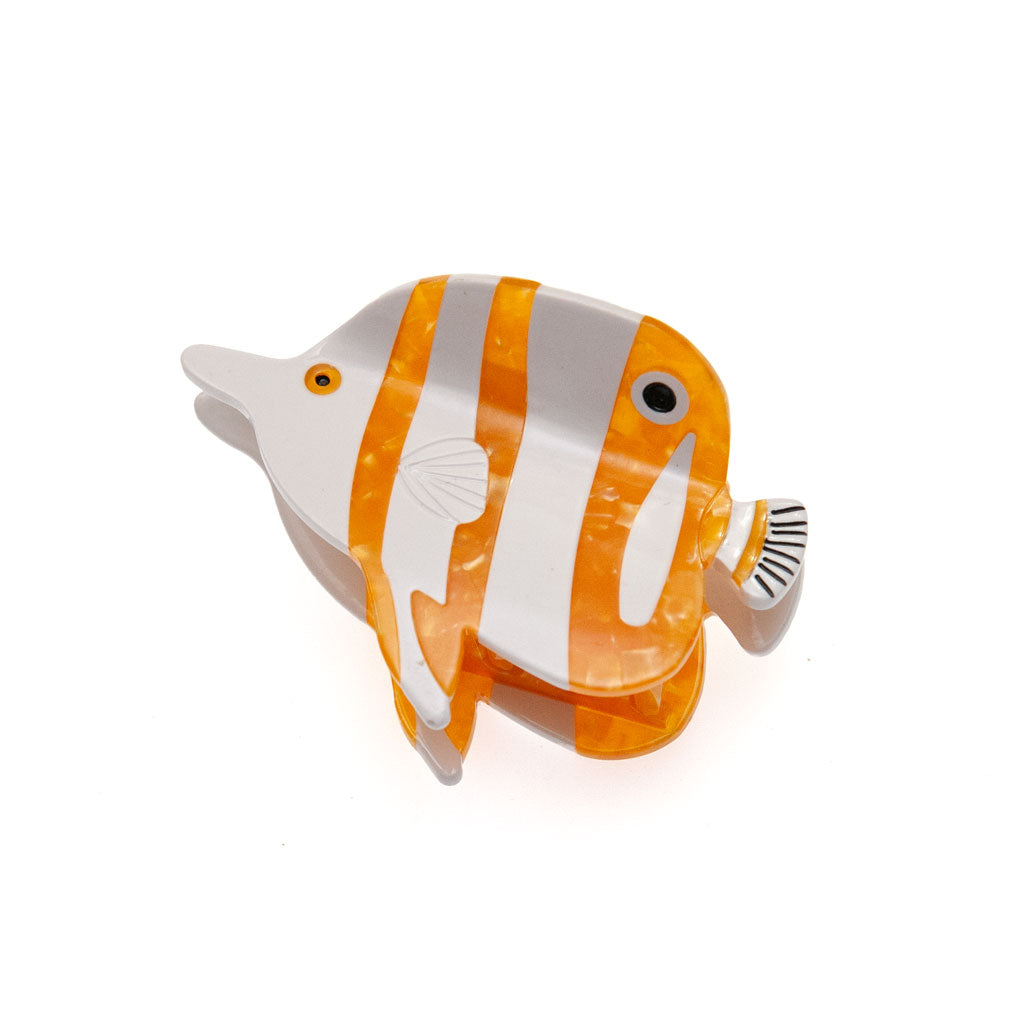A medium butterflyfish-shaped hair claw clip with translucent orange and white vertical stripes, shown on a plain white background.