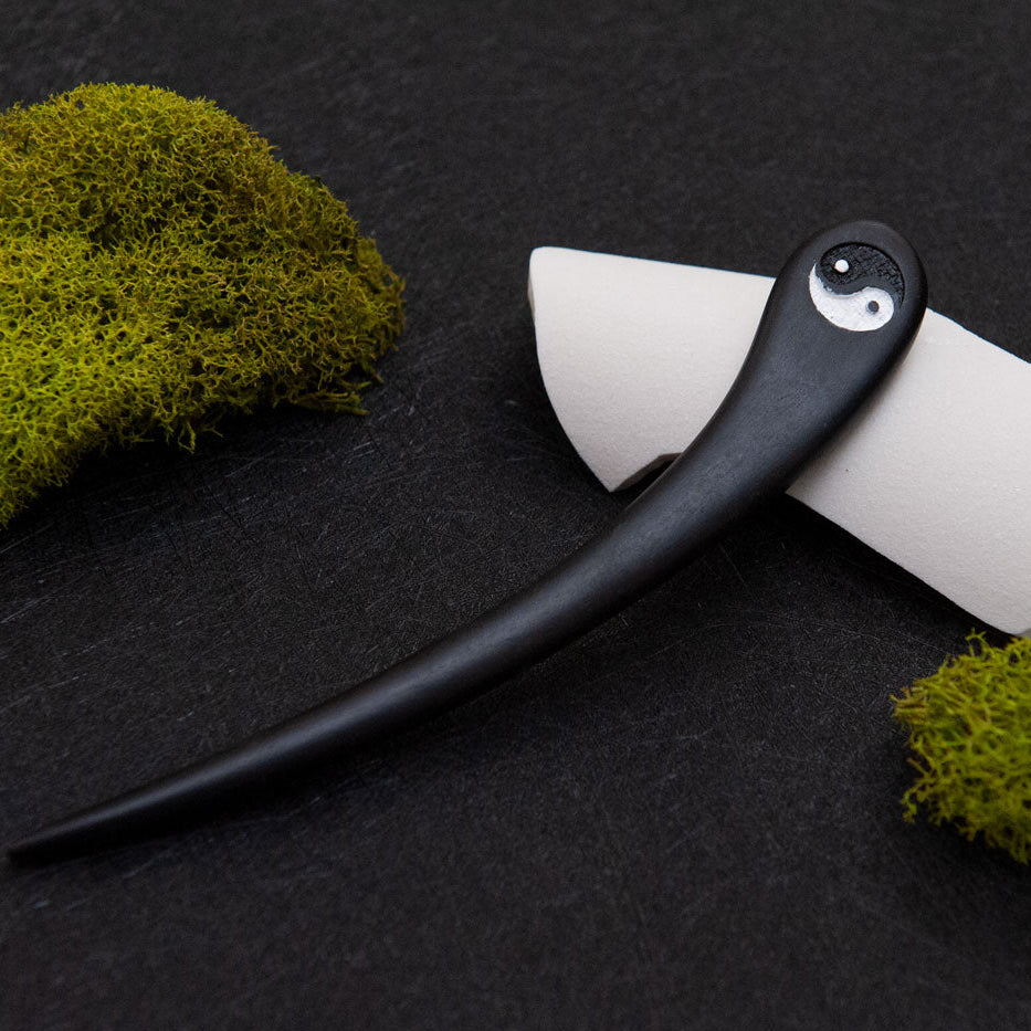 Black ebony wooden hair stick with a YIn Yang design on top