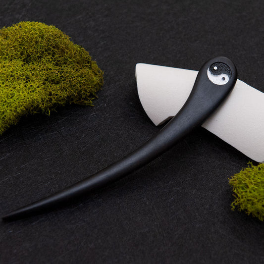Black ebony wooden hair stick with a YIn Yang design on top