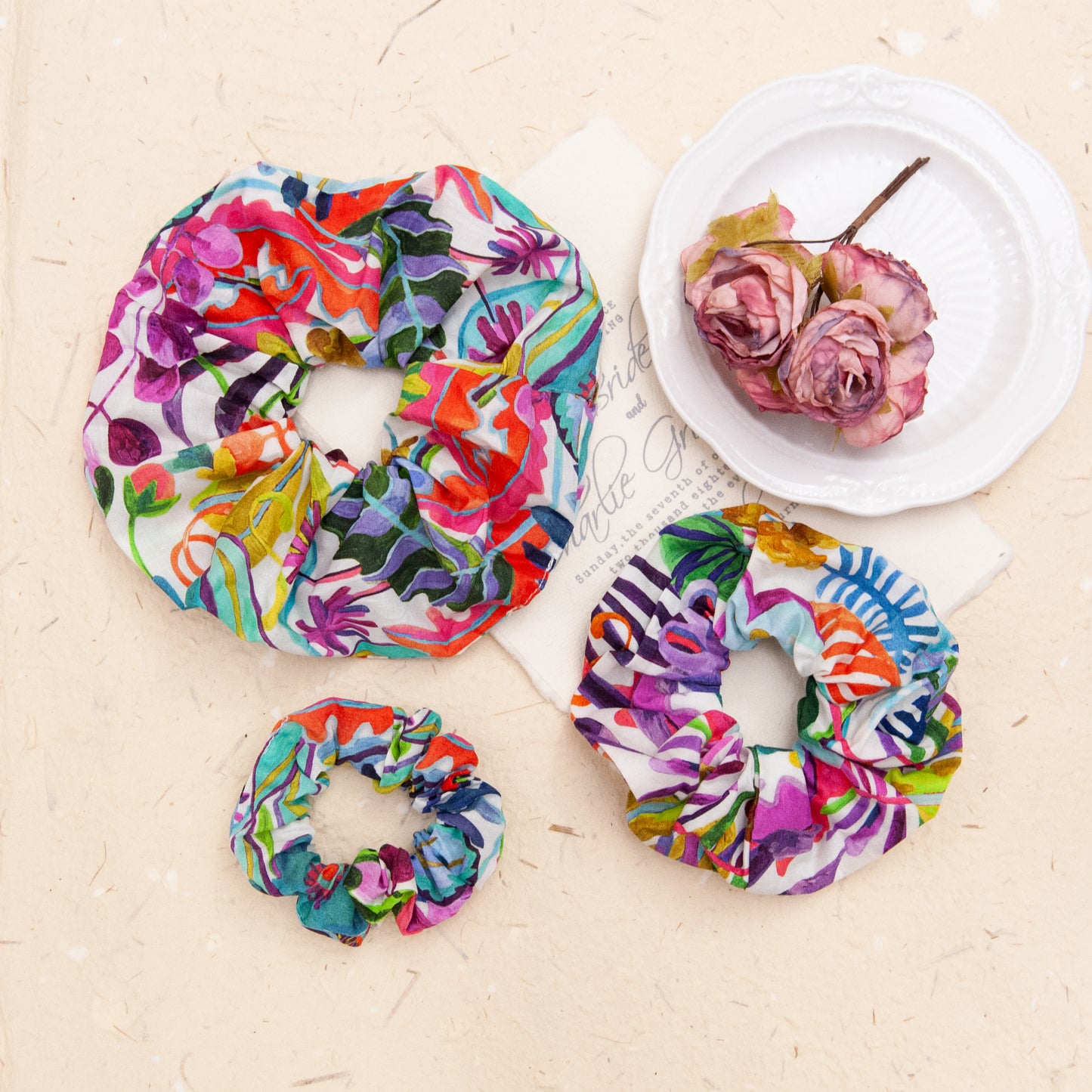 liberty fabric scrunchie in jungle trip in 3 different sizes