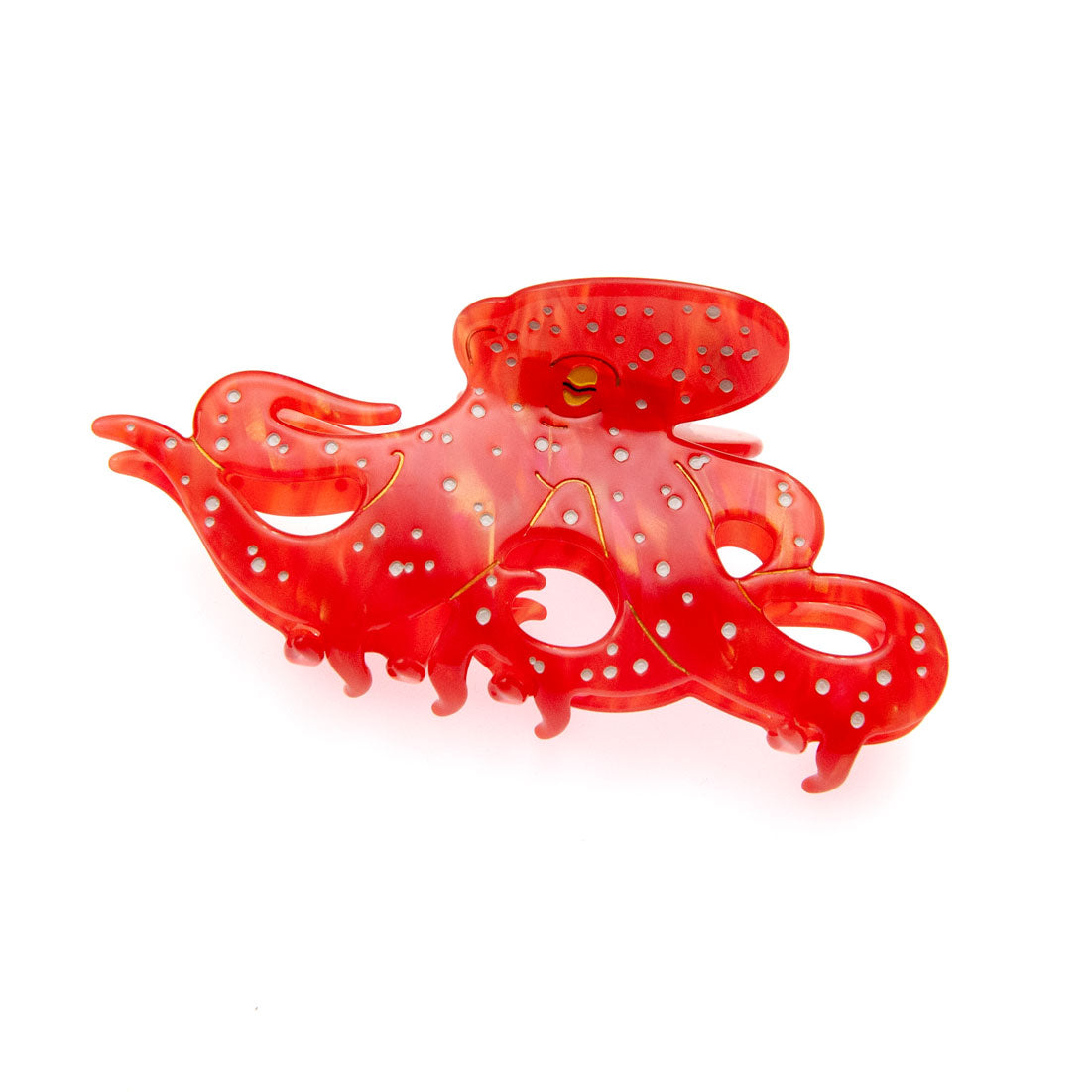 Red octopus claw clip with hand-painted white spots and gold details