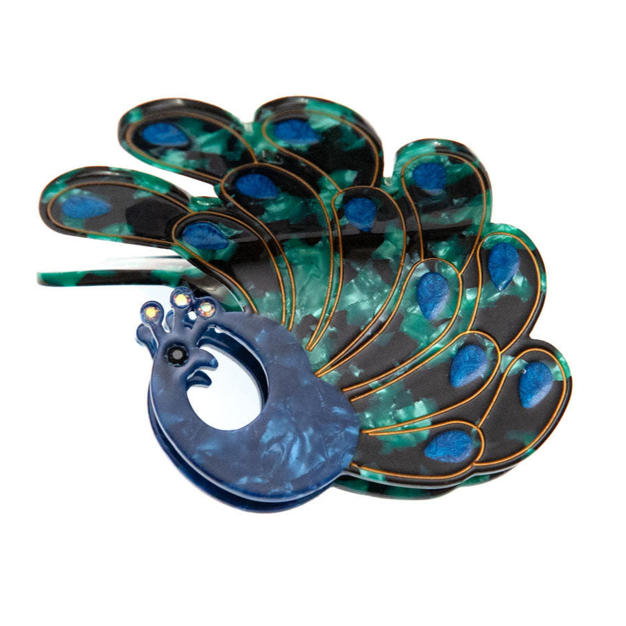 Hand-painted peacock hair clip with rhinestones, eco-friendly design