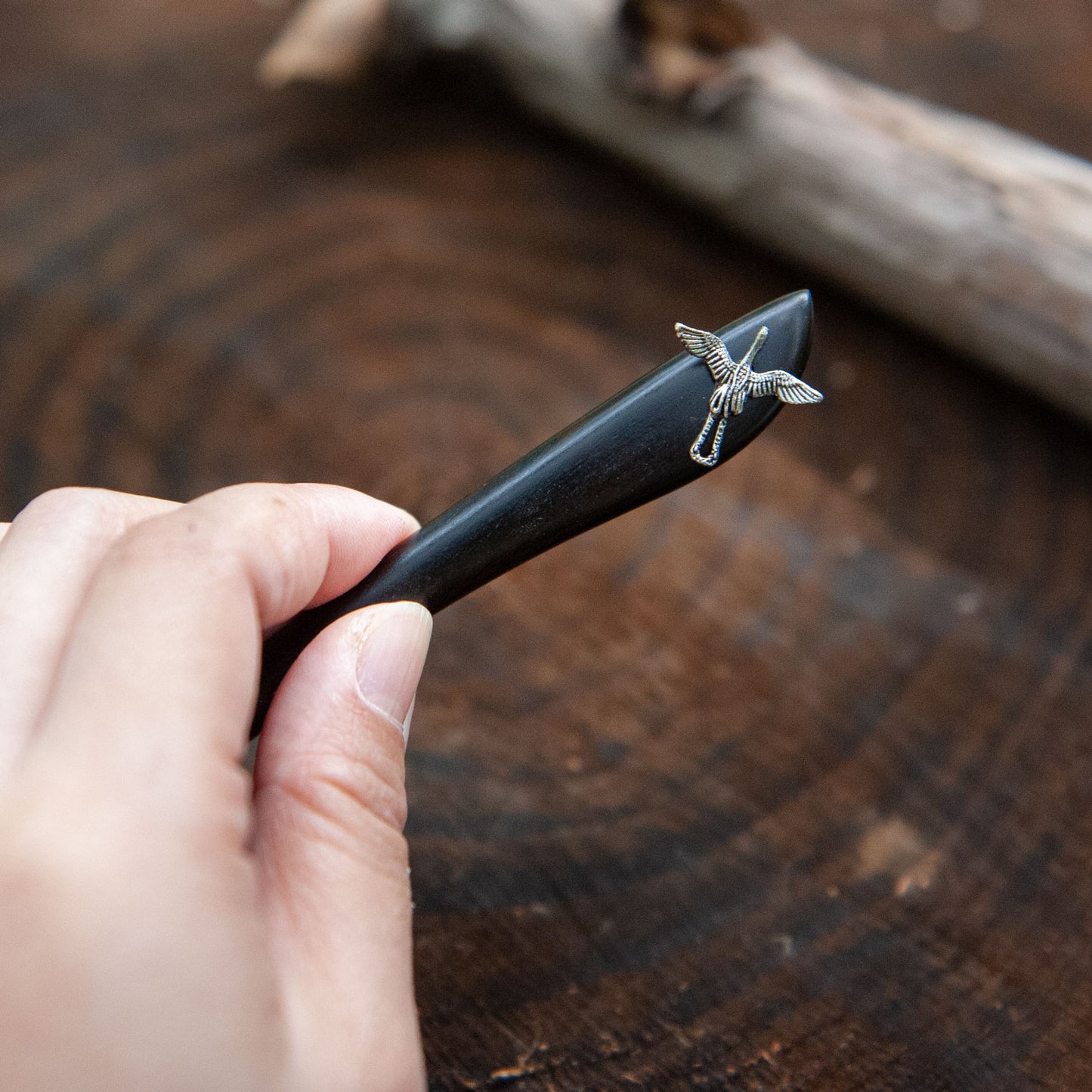 Wooden Crane Hair Stick in Black from Something Minty