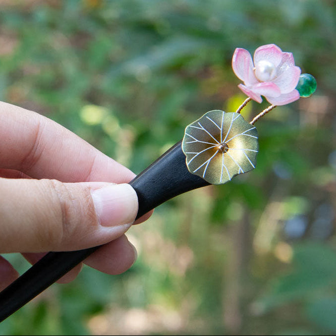 Wooden Hair Stick with Lotus Flower