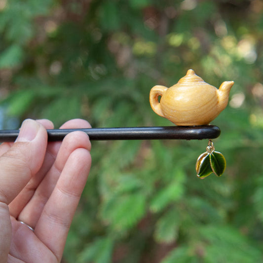 Wooden Hair Stick with Teapot Design